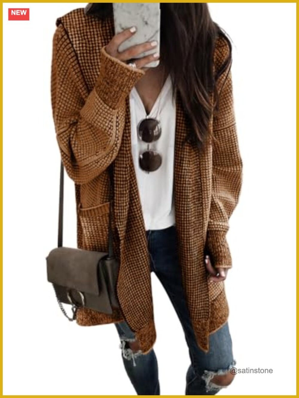 Open Front Hooded Cardigan Chunky Knit Sweater Wrinkle Free Long Sleeve